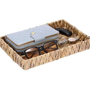 Tan woven wicker basket, tray makeup storage and cream woven wicker tray